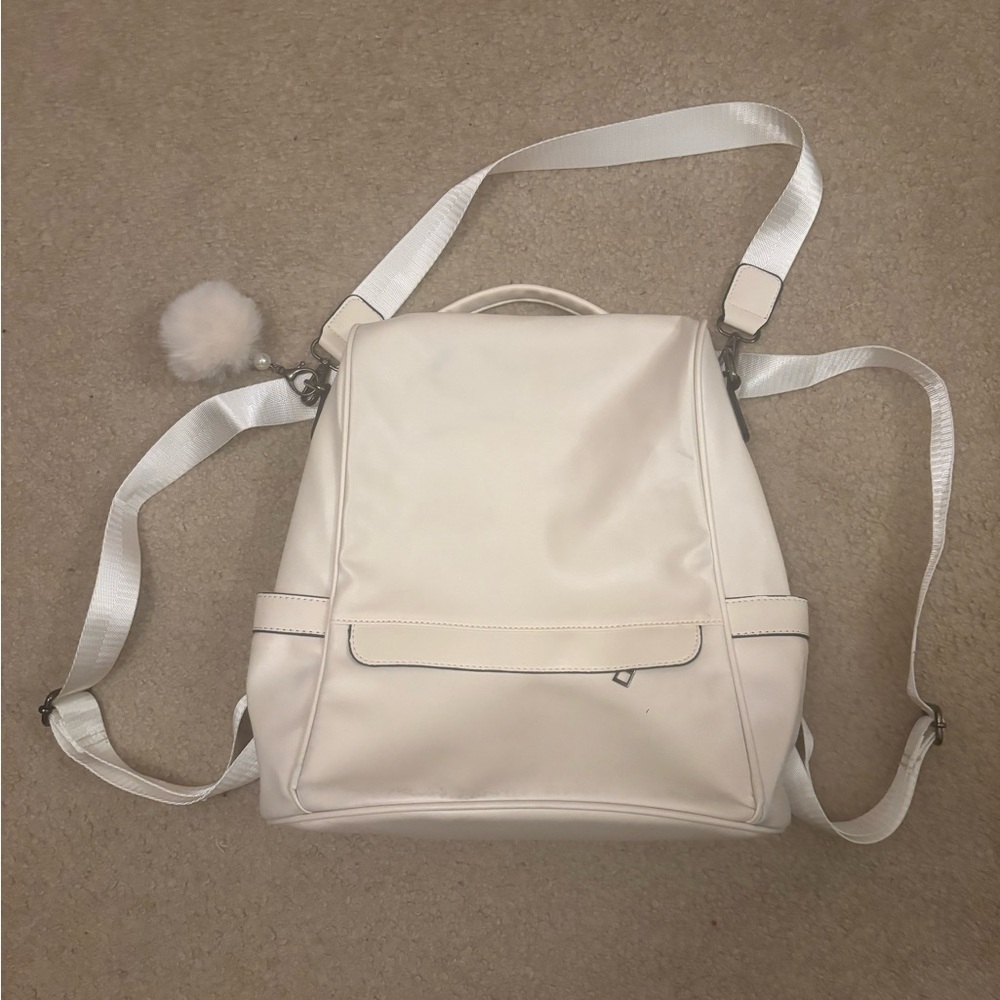 White Faux Leather Backpack with Pom Pom